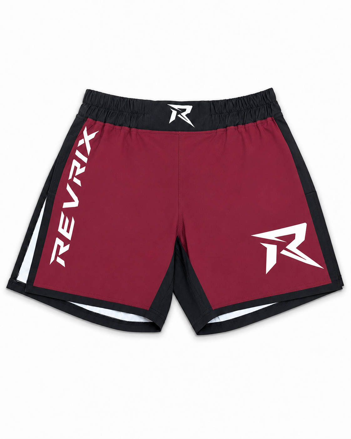 REVRIX Gladiator Fight Shorts 2.0 in red and black, side view showing the high-split cut