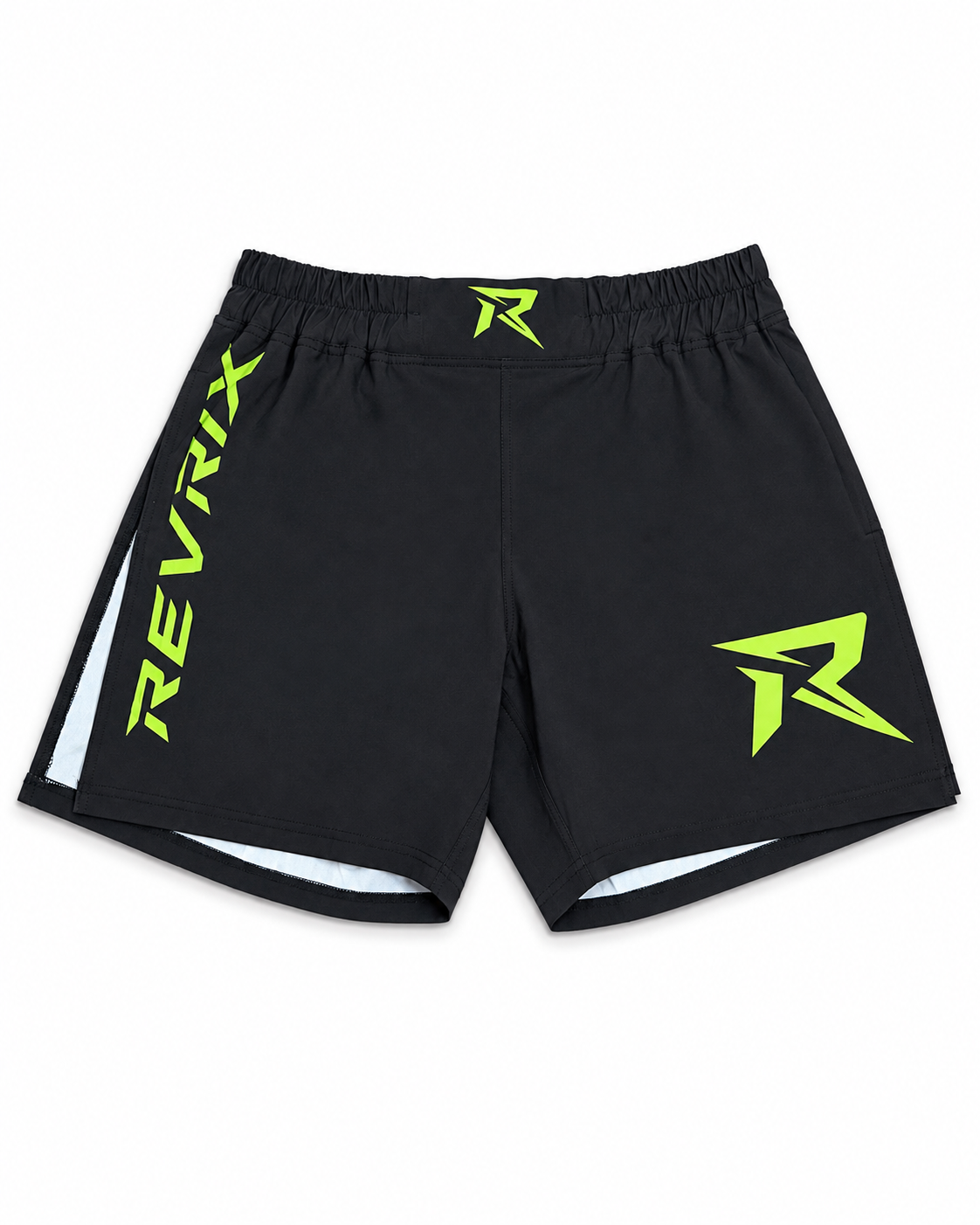 REVRIX Gladiator Fight Shorts 2.0 in black with green REVRIX lettering, side view