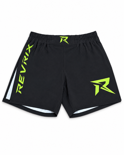 REVRIX Gladiator Fight Shorts 2.0 in black with green REVRIX lettering, side view
